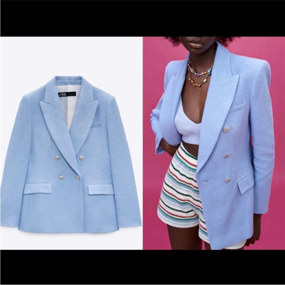 Zara sky blue textured tweed double breasted blazer. S .